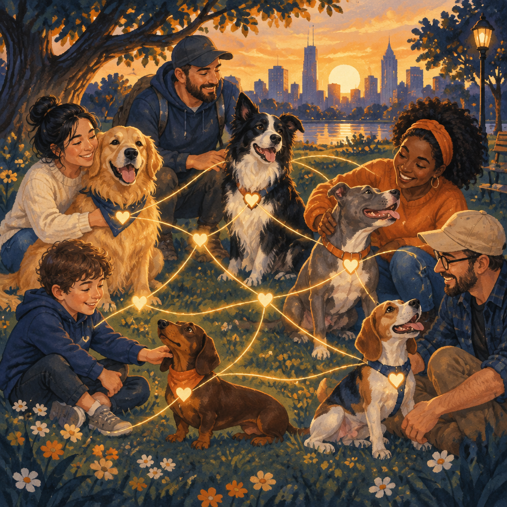 A connected dog community — people and dogs together in a park