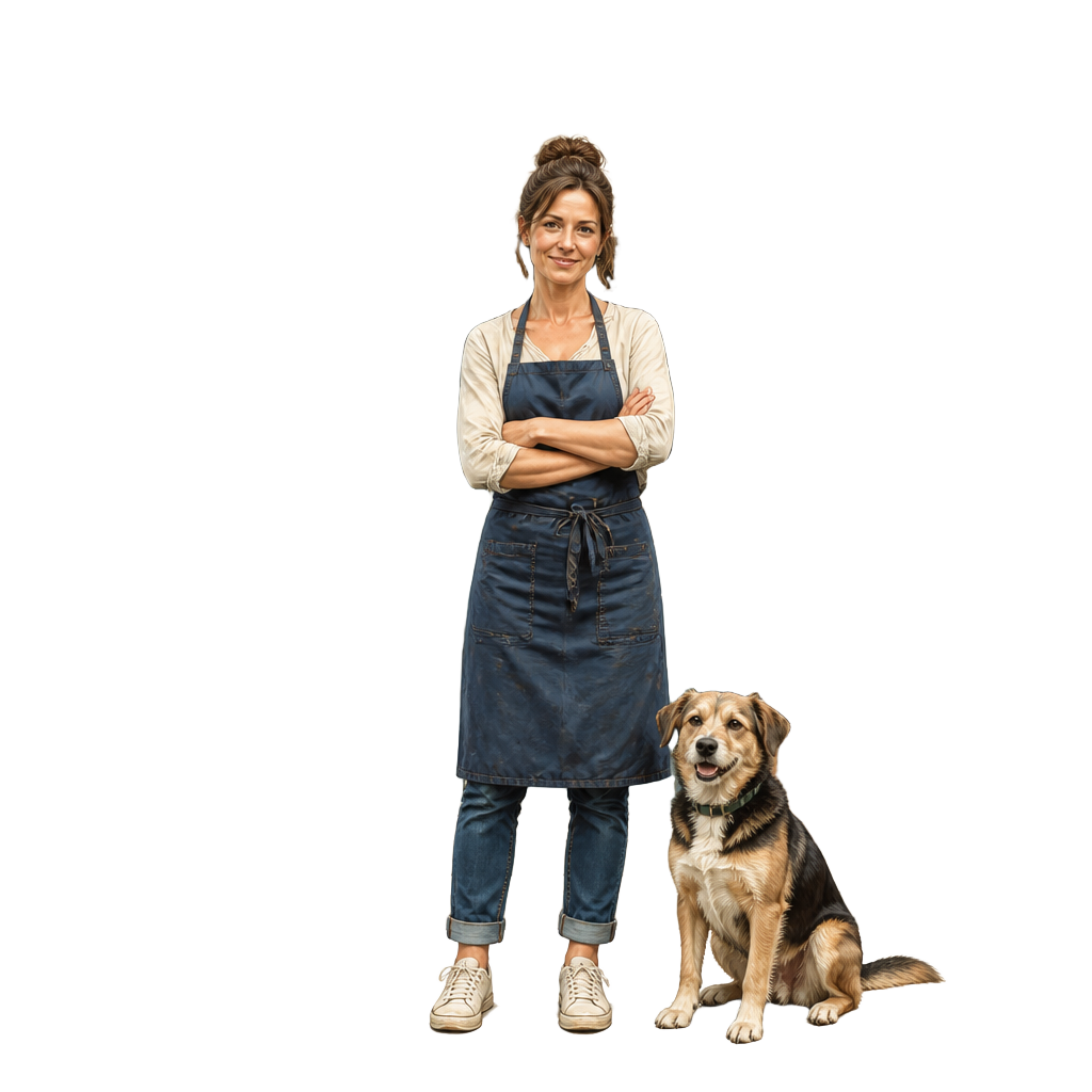 A neighborhood shop owner standing outside her business with her dog